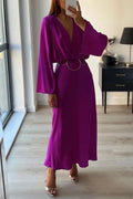 Long-sleeved Retro Waist V-neck Dress