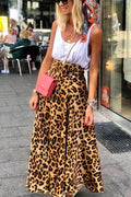 Today's Journey Satin Leopard Tie Front Elastic Waist Midi Skirt