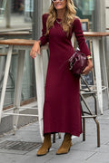 Column Ribbed Maxi Dress with Crew Neck in Burgundy