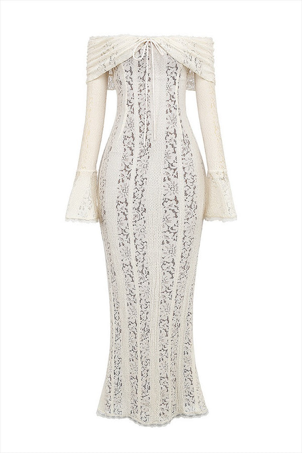 Floral Lace Off Shoulder Flare Sleeve Fishtail Maxi Dresses-White