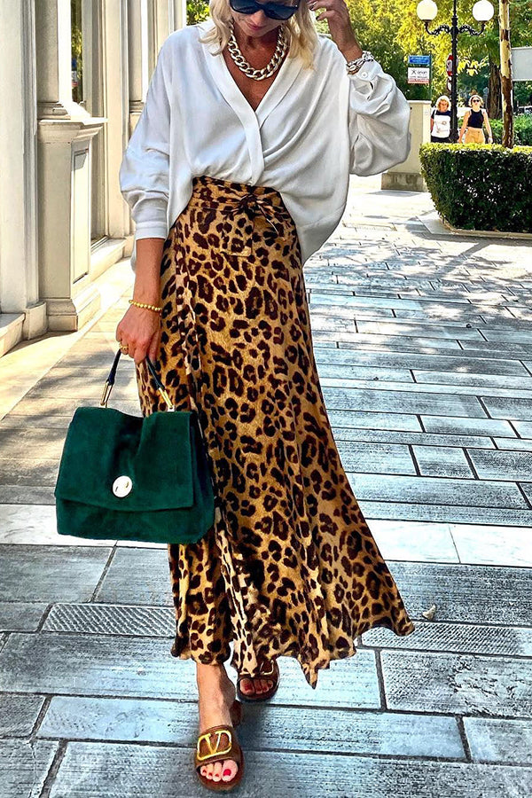 Today's Journey Satin Leopard Tie Front Elastic Waist Midi Skirt
