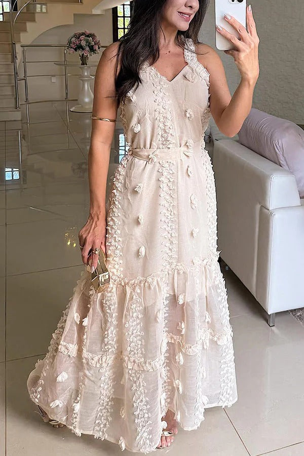 Radiant Day Tulle 3D Floral Embroidery Tie-up A-line Maxi Dress