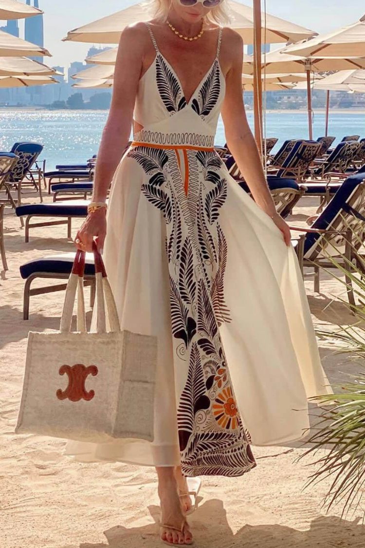 Classic Unique Printed Iinen Sexy V-Neck Bow Tie Waist Maxi Dress