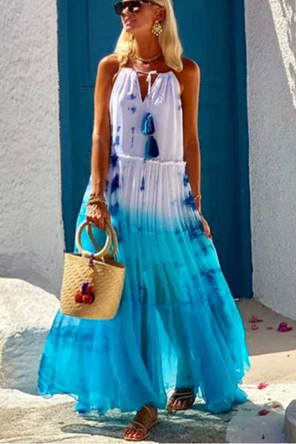 Island Evenings Gradient Print Tassel Halter Maxi Dress