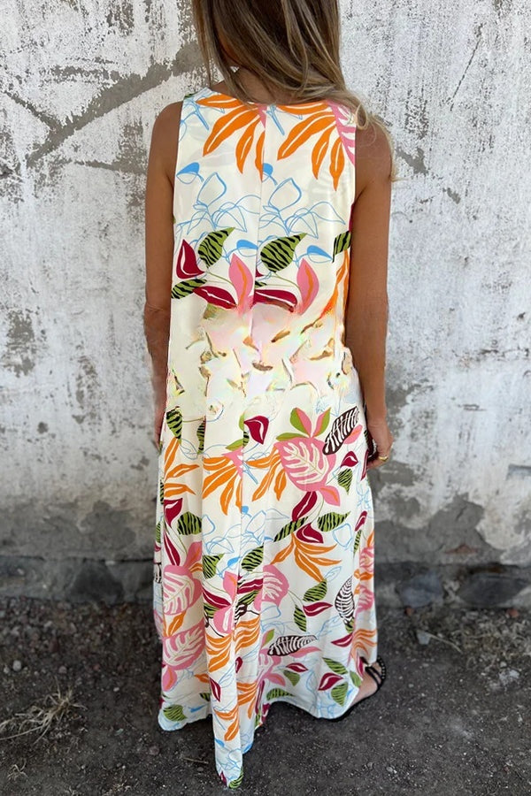 Botanical Print V-Neck Pocket Loose Casual Maxi Dress