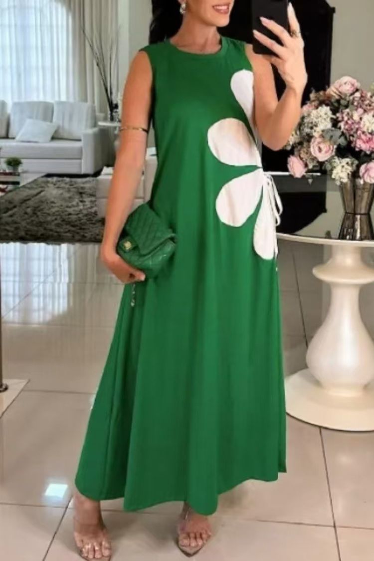Solid Color Round Neck Floral Maxi Dress