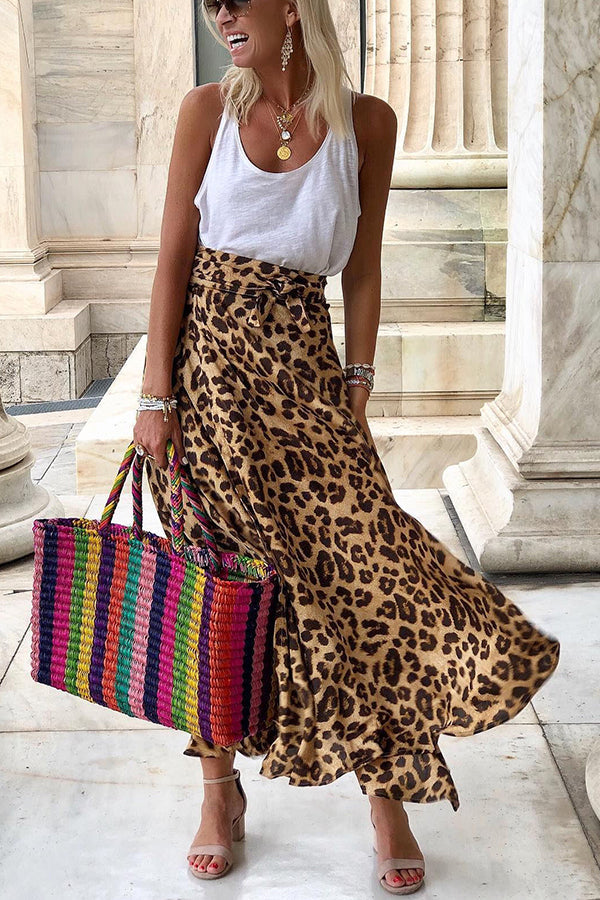 Today's Journey Satin Leopard Tie Front Elastic Waist Midi Skirt