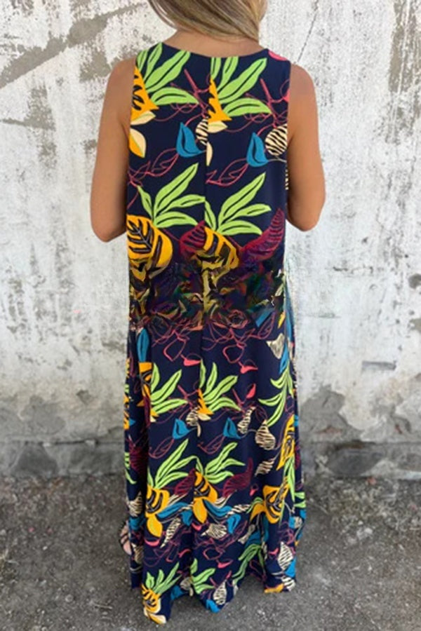 Botanical Print V-Neck Pocket Loose Casual Maxi Dress