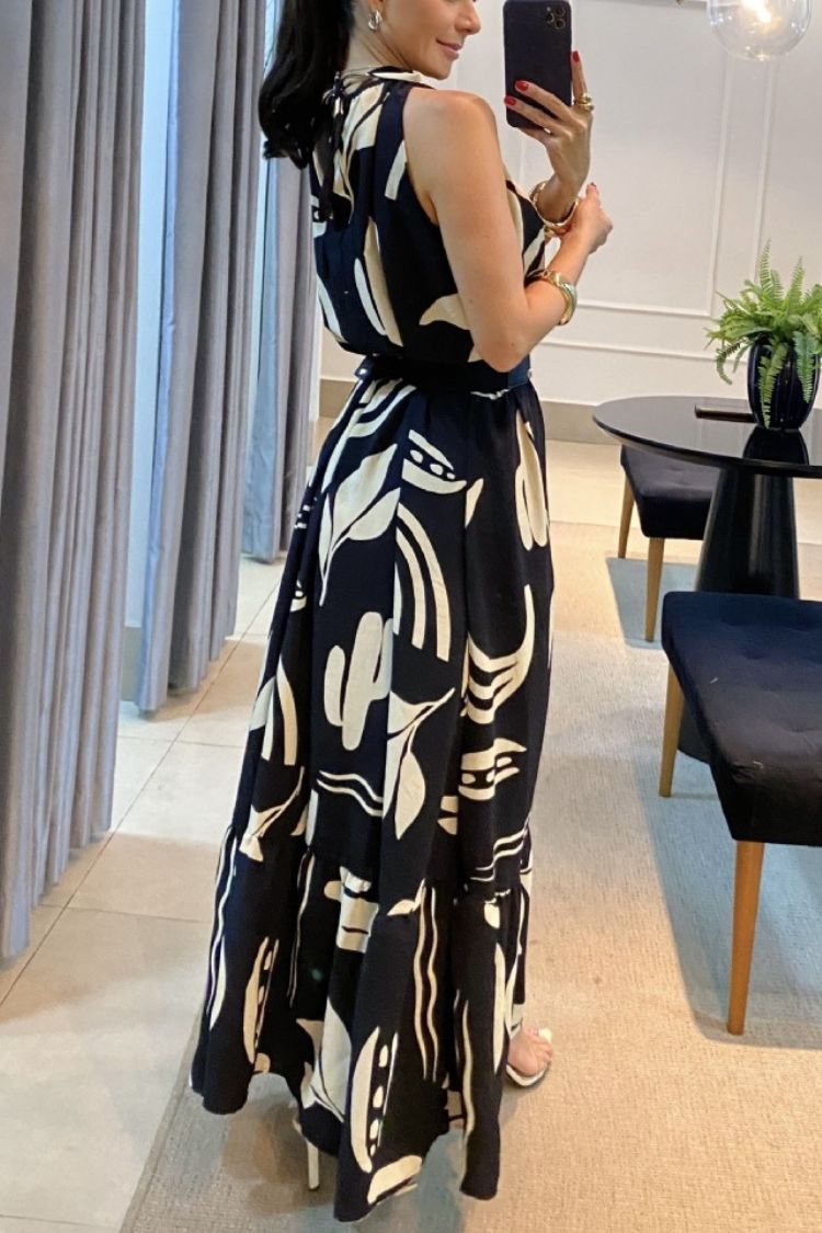 Round Neck Printed Sleeveless Maxi Dress