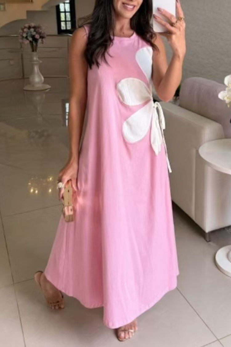 Solid Color Round Neck Floral Maxi Dress