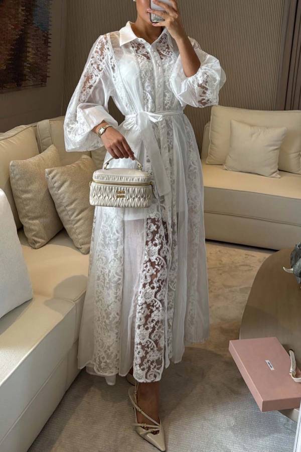Exquisite Lace Embroidery Lapel Maxi Dress
