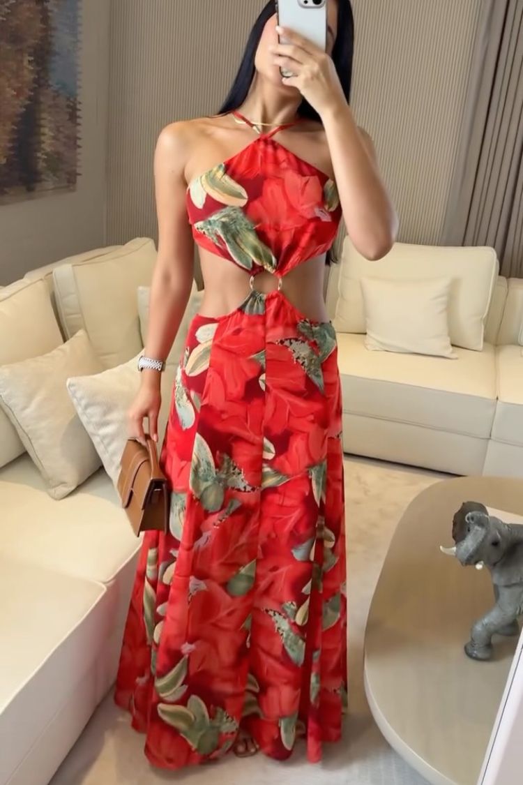 Sunshine Days Floral Print Halter Neck Ring Cutout Waist Maxi Dress