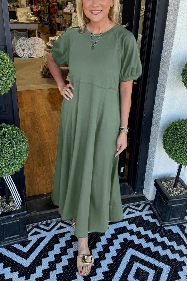 Women's Puff Sleeve Round Neck Long Dress