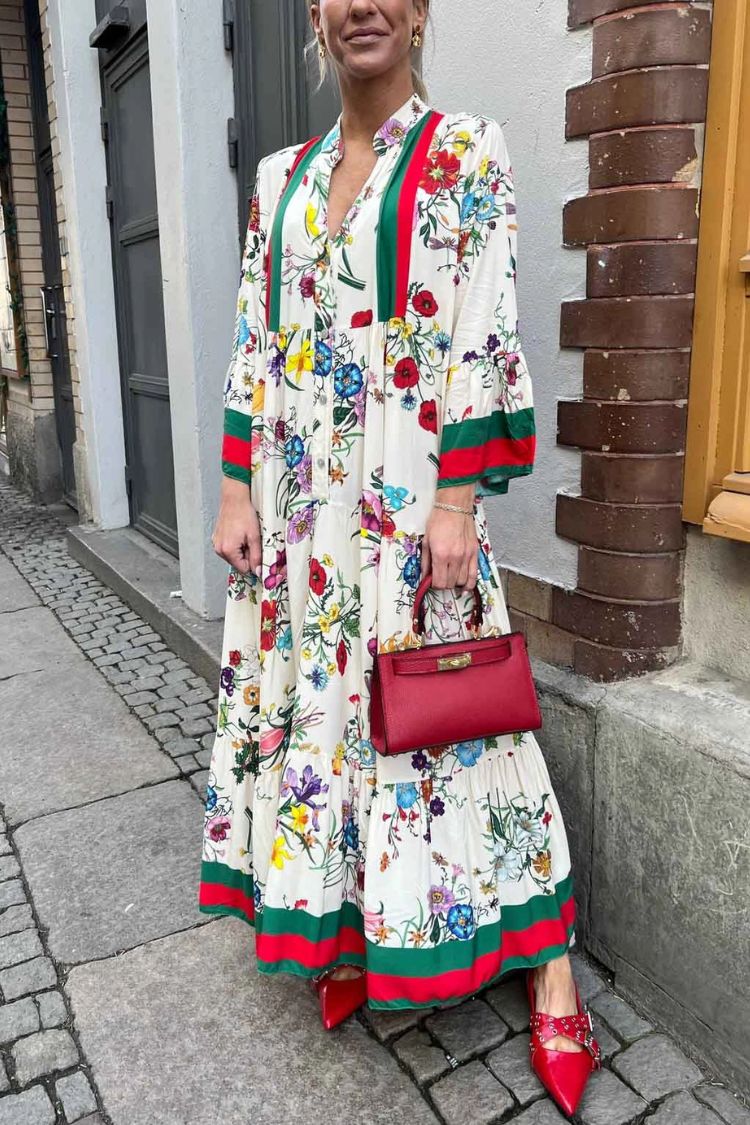 Resort Floral Print Bell Sleeve Maxi Dress