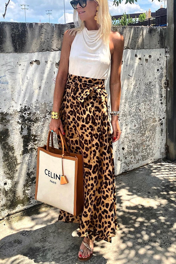 Today's Journey Satin Leopard Tie Front Elastic Waist Midi Skirt