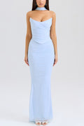 Neck Wrapped Strapless Corset Bodycon Maxi Skirt 2pcs Set-Blue