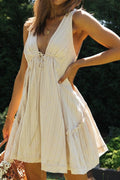 V-neck front and back drawstring large swing skirt irregular dress