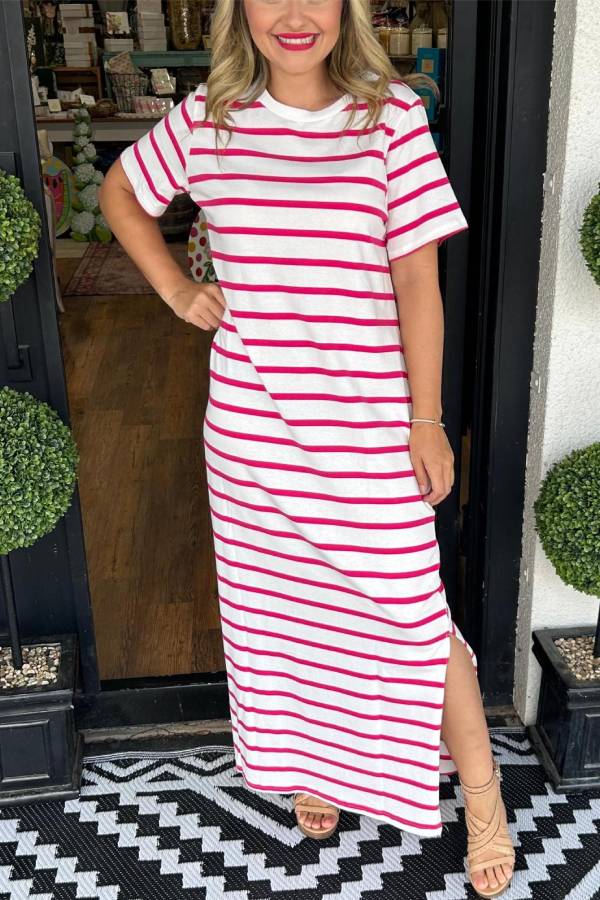Women's Striped T-Shirt Dress with Pockets