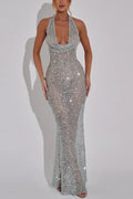 Shine All Night Sheer Sequin Cowl Neck Halter Maxi Dress