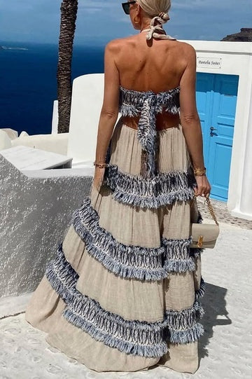 Ultimate Island Linen Blend Fringed Patchwork Cutout Halter Maxi Dress