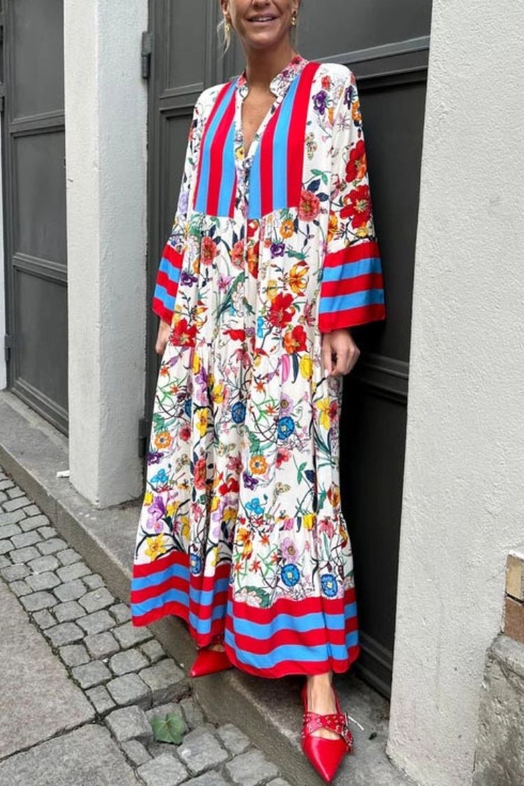 Resort Floral Print Bell Sleeve Maxi Dress