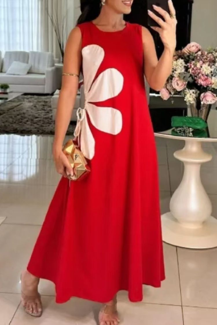 Solid Color Round Neck Floral Maxi Dress