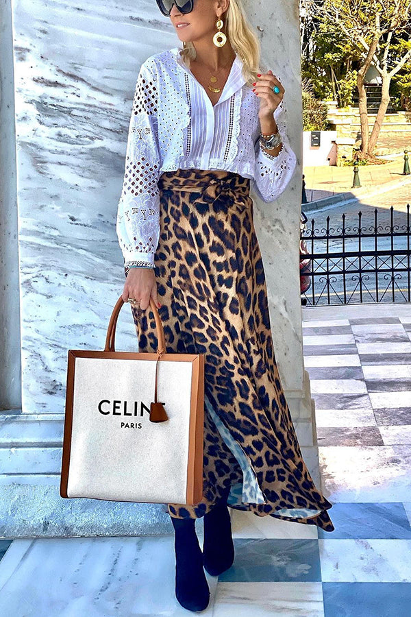 Today's Journey Satin Leopard Tie Front Elastic Waist Midi Skirt