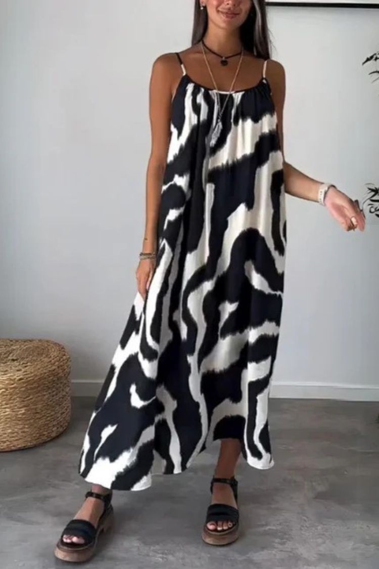 Zebra Print Loose Casual Suspender Maxi Skirt