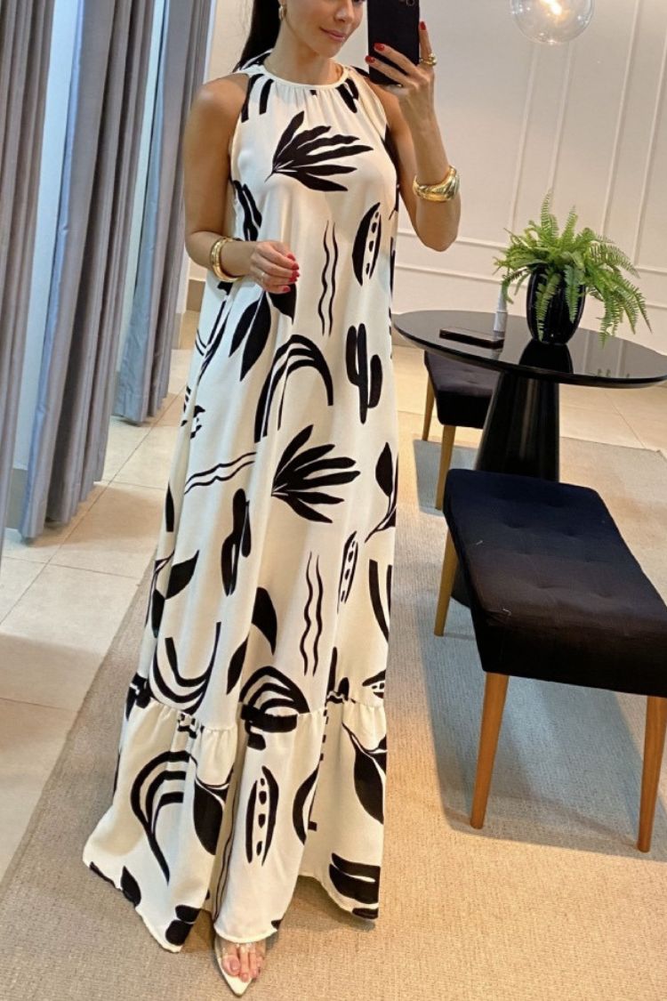 Round Neck Printed Sleeveless Maxi Dress