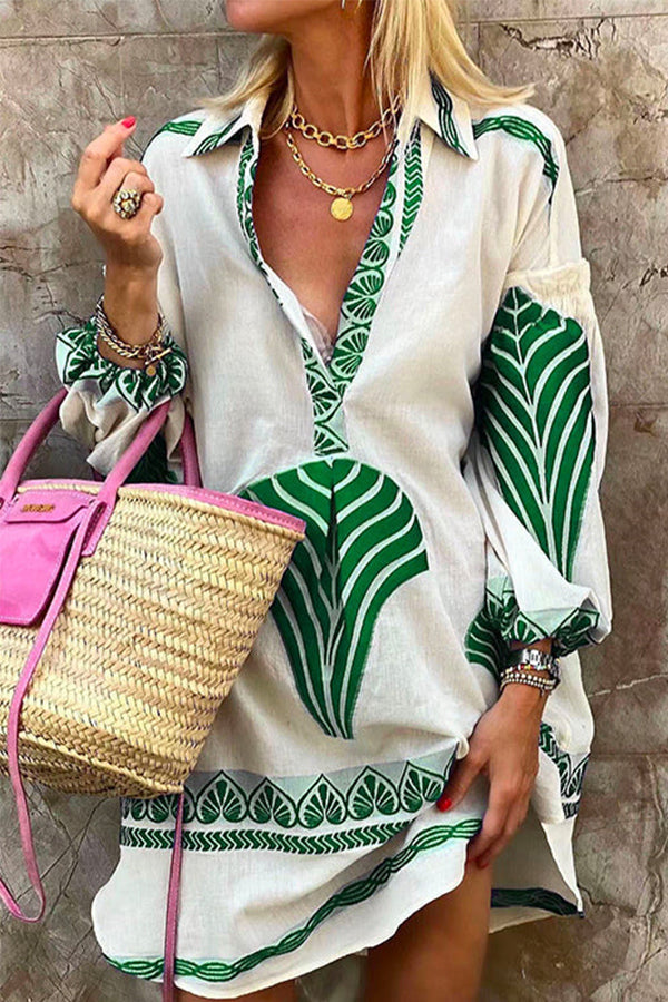 Lapel V Neck Long Sleeve Printed Shirt Dress