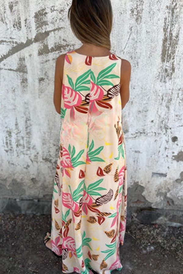 Botanical Print V-Neck Pocket Loose Casual Maxi Dress