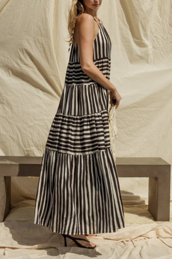 Sleeveless Stripe Maxi Tiered Dress