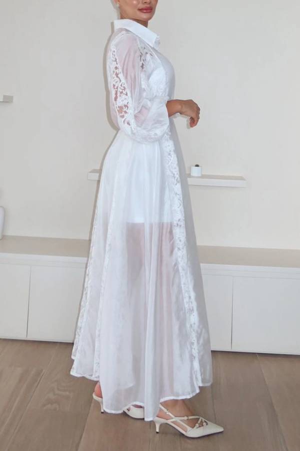 Exquisite Lace Embroidery Lapel Maxi Dress