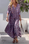 Ibiza Fashion Print Loose V Neck Long Sleeve Long Dress