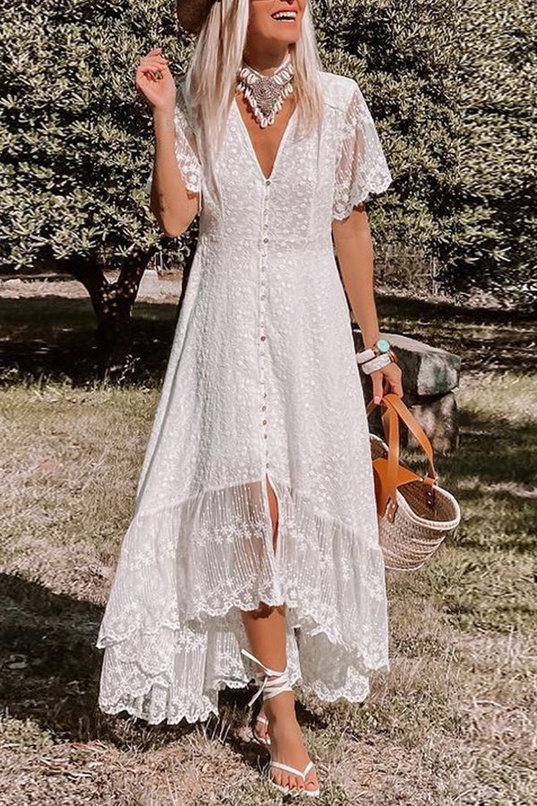 V Neck Slim Dress Floral Lace Midi Dress