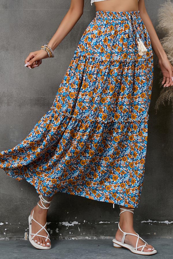 Floral fungus lace stitching layered skirt bohemian tassel seaside holiday beach skirt