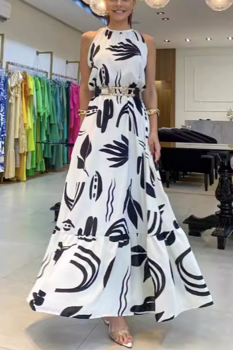 Round Neck Printed Sleeveless Maxi Dress
