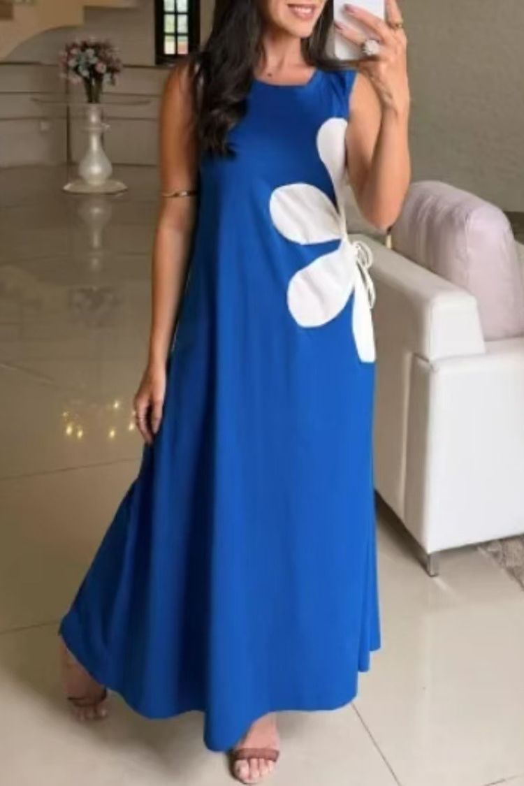 Solid Color Round Neck Floral Maxi Dress