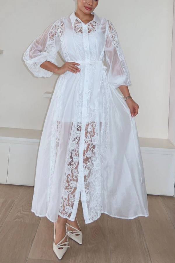 Exquisite Lace Embroidery Lapel Maxi Dress