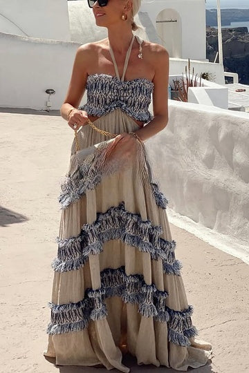 Ultimate Island Linen Blend Fringed Patchwork Cutout Halter Maxi Dress