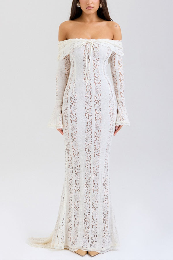 Floral Lace Off Shoulder Flare Sleeve Fishtail Maxi Dresses-White