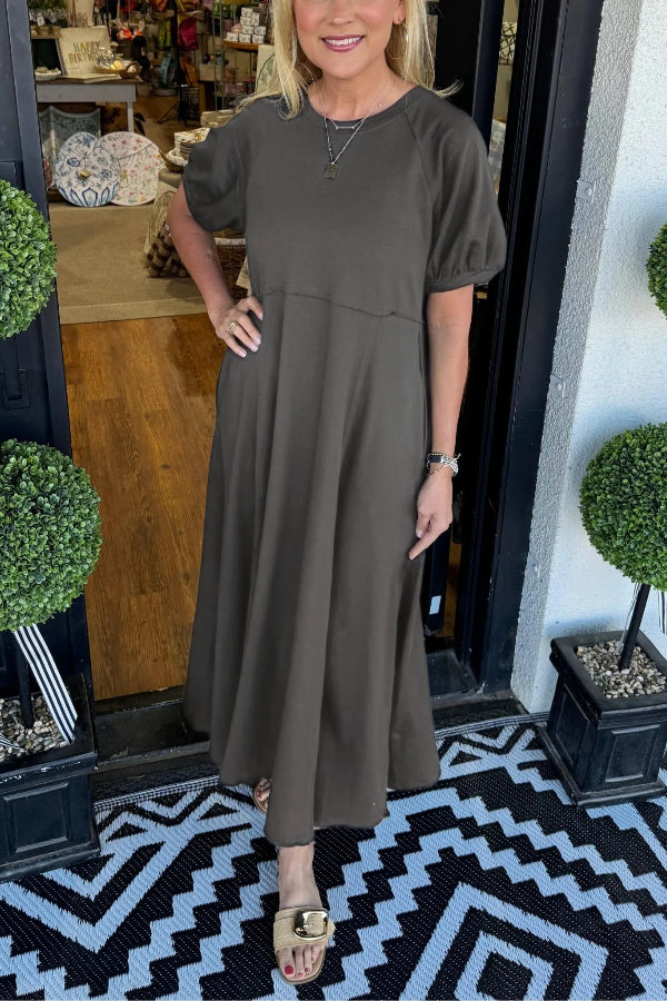 Women's Puff Sleeve Round Neck Long Dress