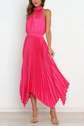 Luxe Look Satin Pleated Halter Elastic Waist Midi Dress