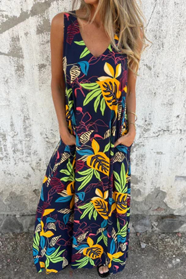 Botanical Print V-Neck Pocket Loose Casual Maxi Dress