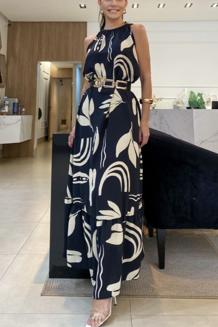 Round Neck Printed Sleeveless Maxi Dress