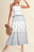 White Floral Print Frill Smocked Bodice Boho Dress