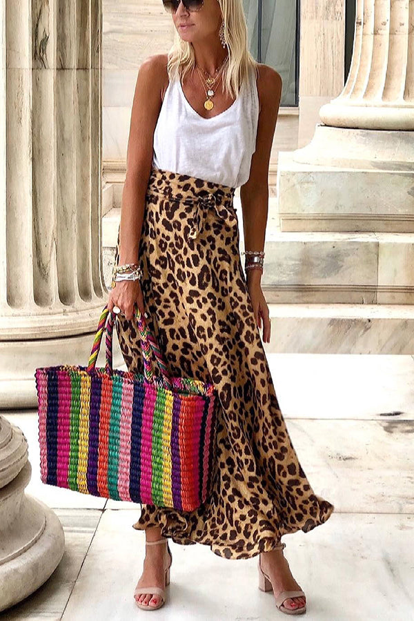Today's Journey Satin Leopard Tie Front Elastic Waist Midi Skirt